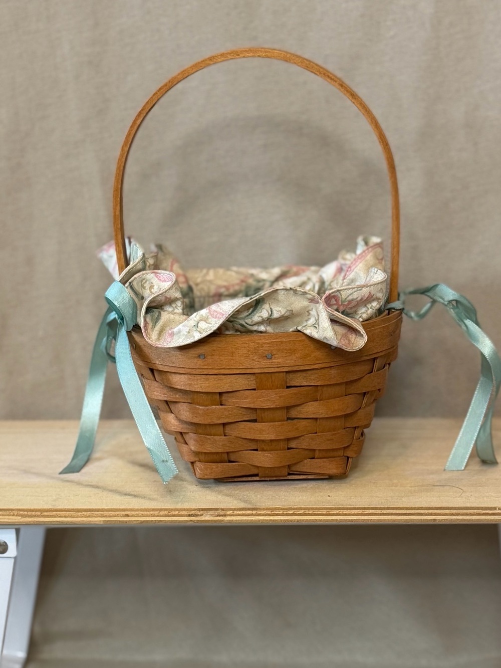 Longaberger Brown Woven Basket with Floral Liner and Blue Ribbon